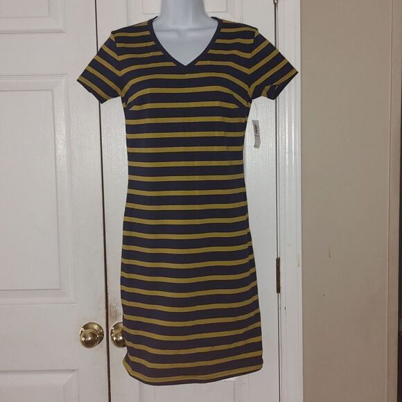 Old Navy navy mustard striped tshirt style dress Sz S NWT - Picture 1 of 6